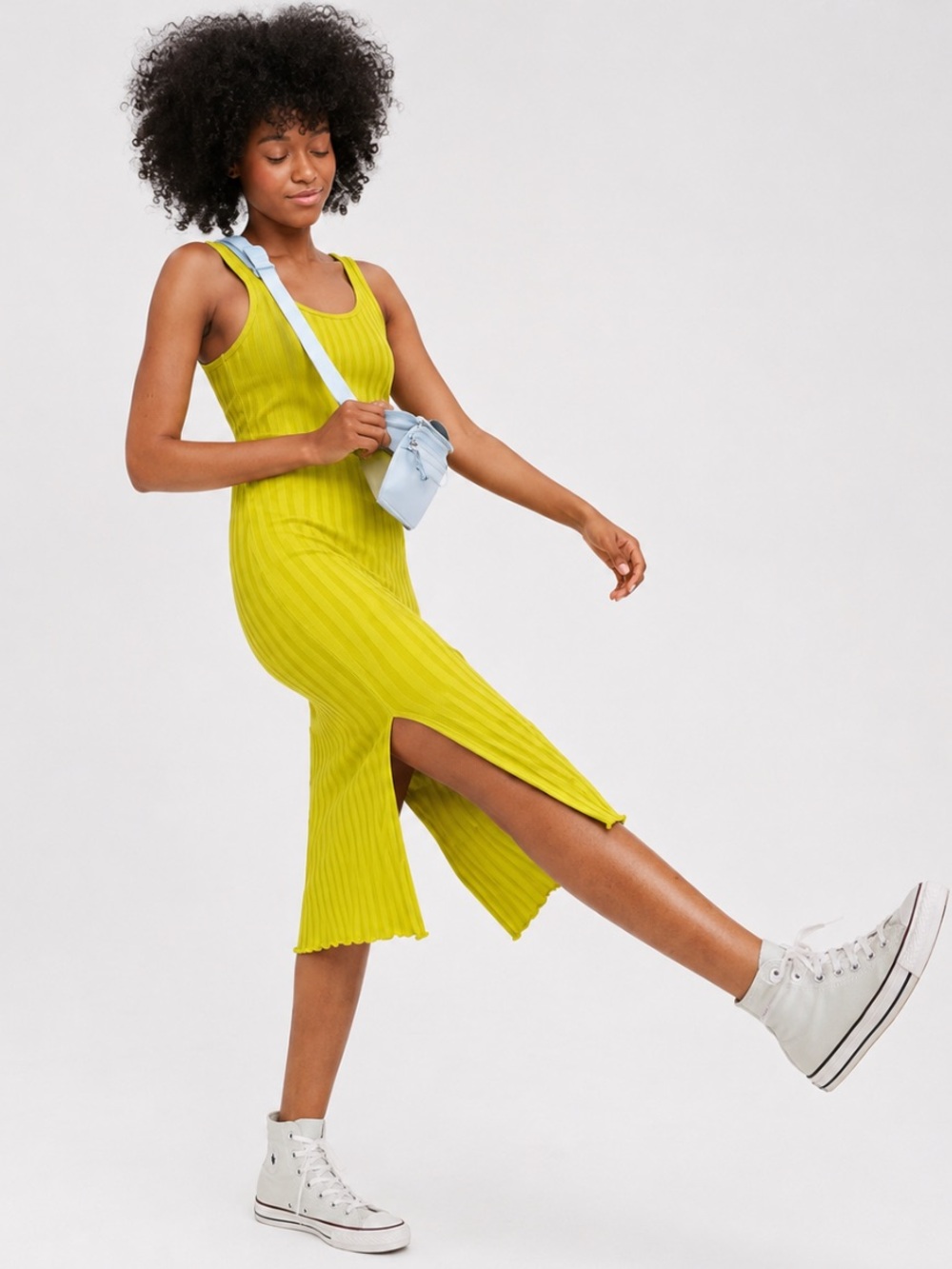 Aerie Ribbed Sleeveless Scoopneck Slit Bodycon Midi Dress Yellow XS
